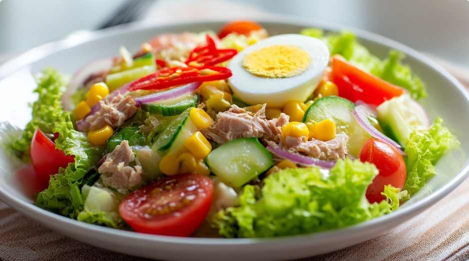 Салат з тунцем і кукурудзою з яйцем