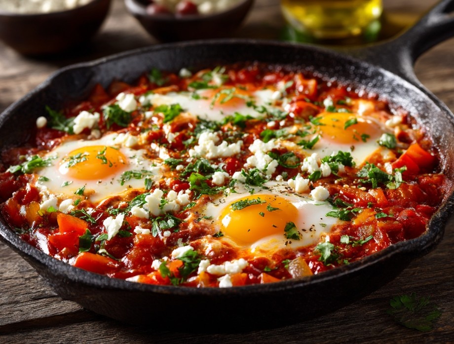 Шакшука з яйцями та сиром фета в томатному соусі на сковороді