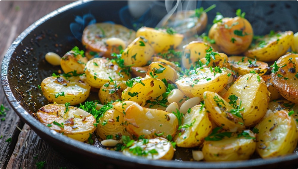 Смажена картопля з часником і зеленню на сковороді