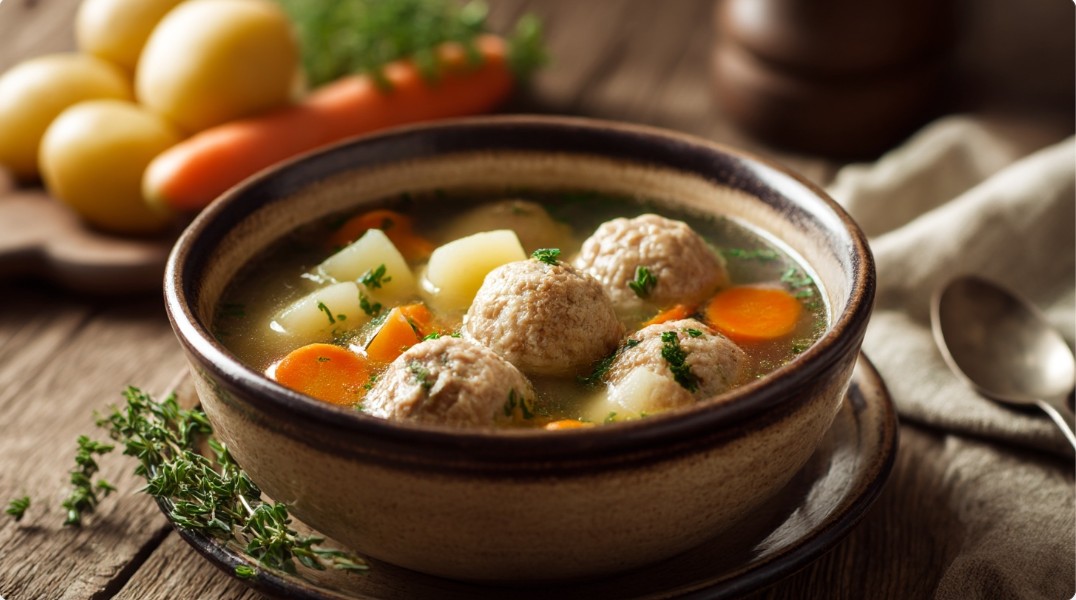 Суп з фрикадельками з овочами у глибокій тарілці