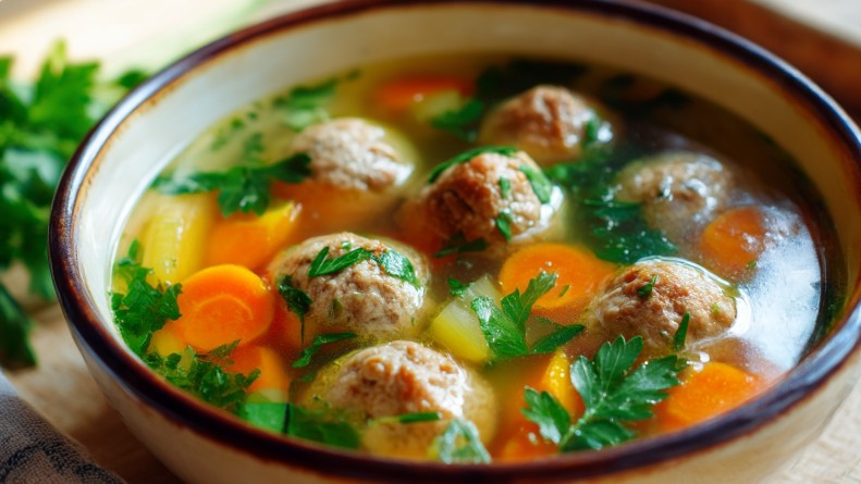 Суп з фрикадельками на столі