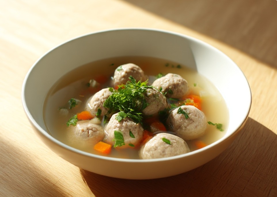 Суп з фрикадельками у прозорому бульйоні в глибокій тарілці