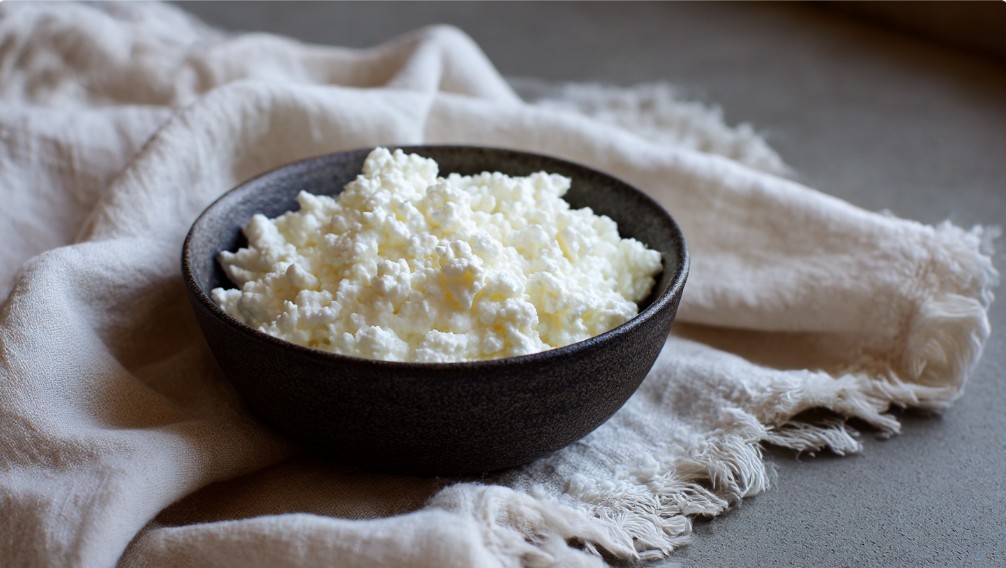 Свіжий домашній сир з великими грудочками, натуральний вигляд