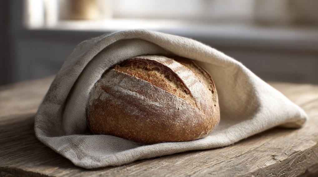 Свіжий хліб, загорнутий у тканину, зберігається поза холодильником