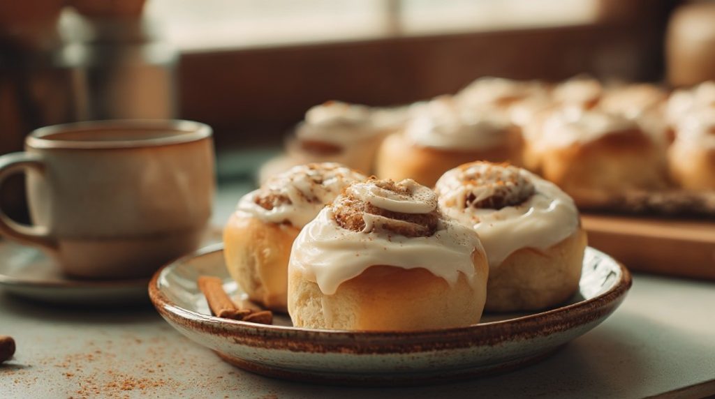 Świeżo upieczone ekspresowe cynamonki podane z filiżanką kawy