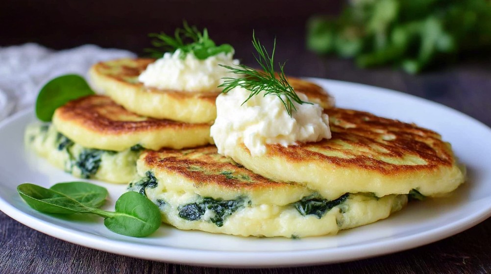 Сирники зі шпинатом на тарілці, золотиста скоринка