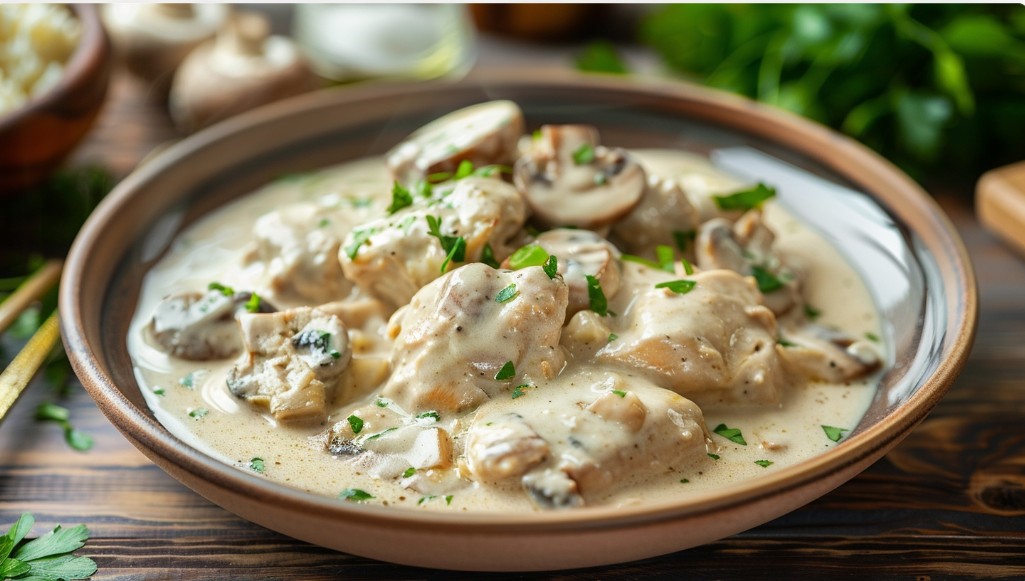 Тушкована курка з грибами у сметані