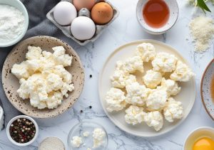 У великій мисці змішайте творог, яйце, стевію або еритрит, ванільний цукор до однорідної маси.