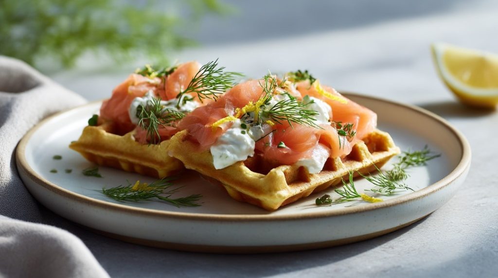 Вафлі з лососем, зеленню та часточкою лимона на світлому столі.