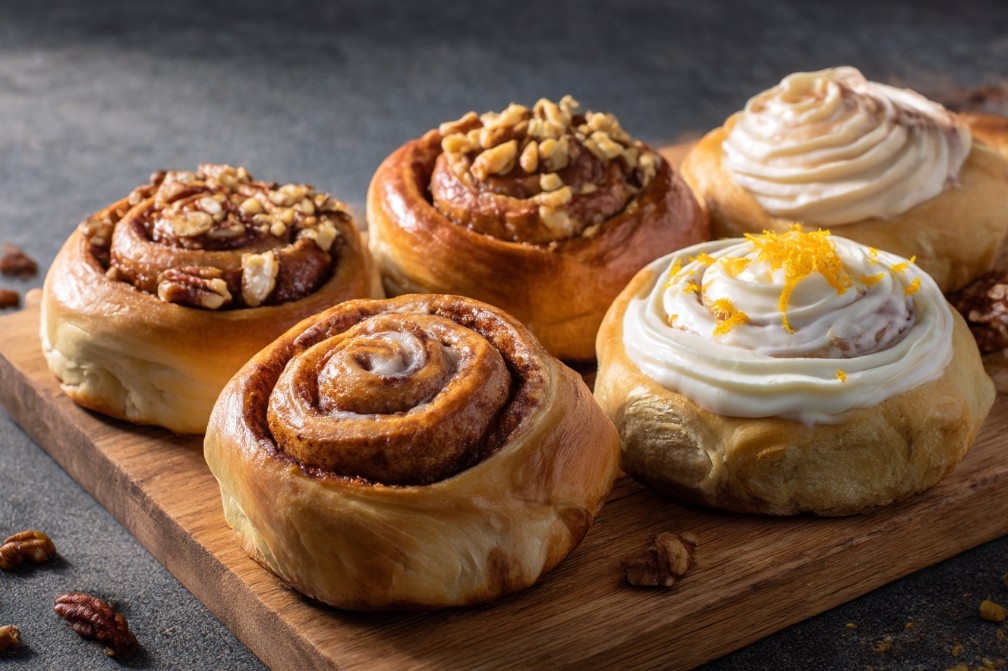 Różne warianty cynamonek: klasyczne, z orzechami, z polewą z serka kremowego i ze skórką pomarańczową