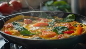 Вилийте яєчну суміш на овочі, накрийте кришкою та готуйте на малому вогні 5-7 хвилин.