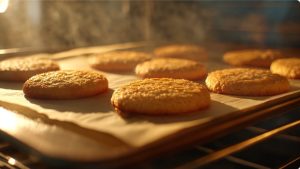 Випікайте коржики у попередньо розігрітій духовці при 180°C протягом 10-12 хвилин до золотистого кольору.