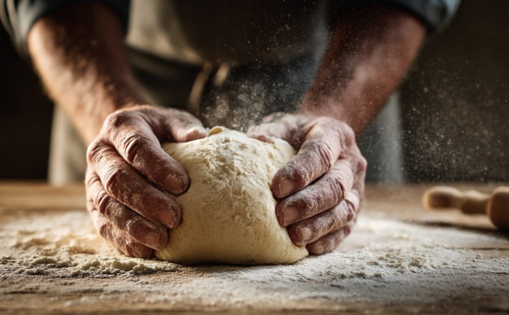 Ręczne wyrabianie elastycznego ciasta drożdżowego na cynamonki