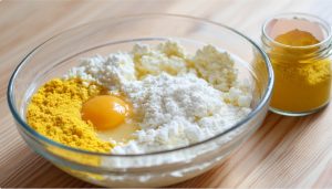 змішайте сир, кукурудзяне борошно, цукор, яйце та сіль до однорідної маси.