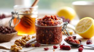 Паста Амосова із сушеною журавлиною, горіхами та медом, подрібнена через м’ясорубку