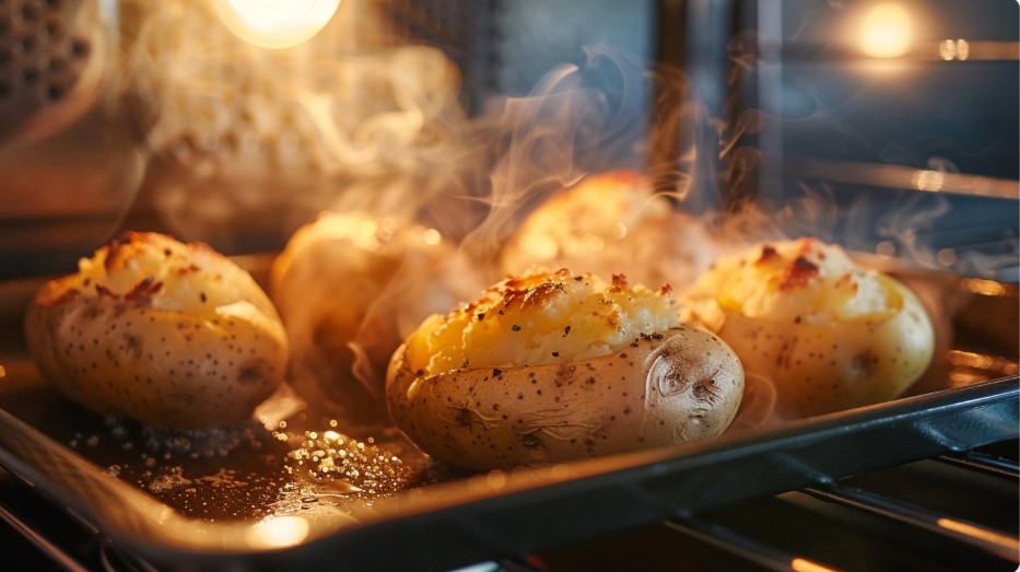 Деко з гарячою запеченою картоплею, пара і рум’яна скоринка