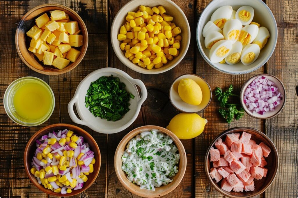 Інгредієнти для кремового салату з тунцем та кукурудзою 