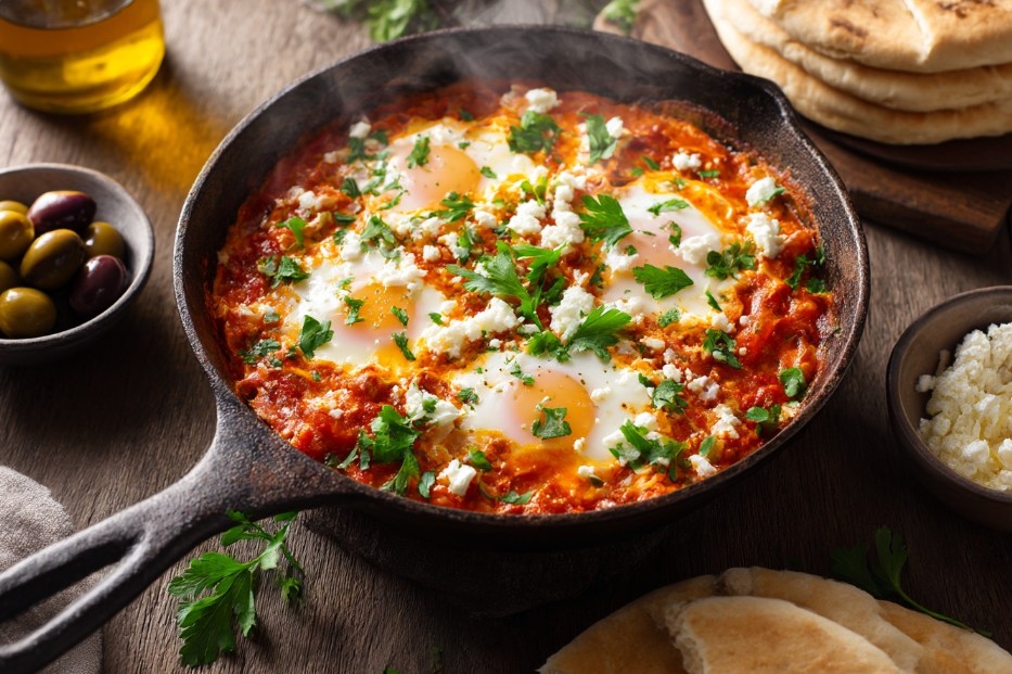 Ізраїльська шакшука після зняття з вогню, соус густий