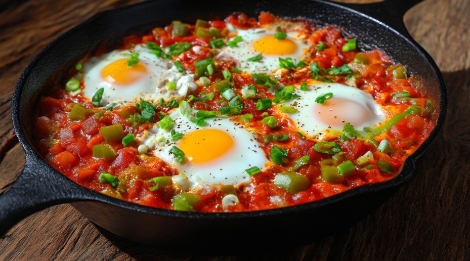 Ізраїльська шакшука в широкій сковороді з густим томатним соусом