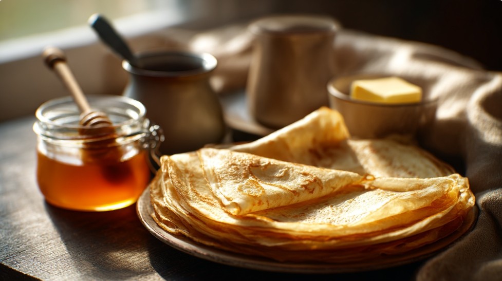 Klassische deutsche Pfannkuchen mit Honig und Butter auf einem Teller
