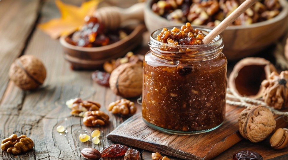 Класична паста Амосова в банці з горіхами та сухофруктами