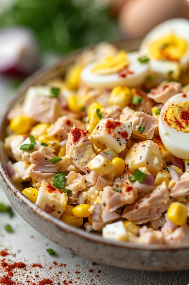 Салат з тунцем, кукурудзою та червоною цибулею