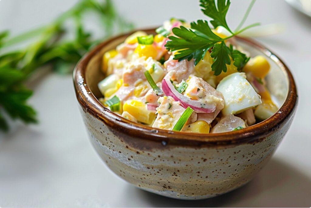 Салат з тунцем та кукурудзою у кремовому соусі