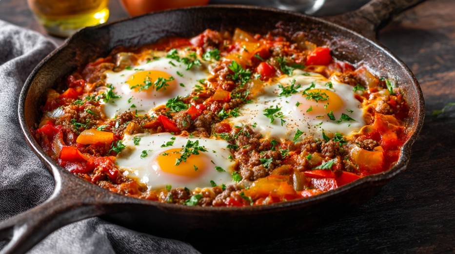 Шакшука з яловичим фаршем у чавунній сковороді