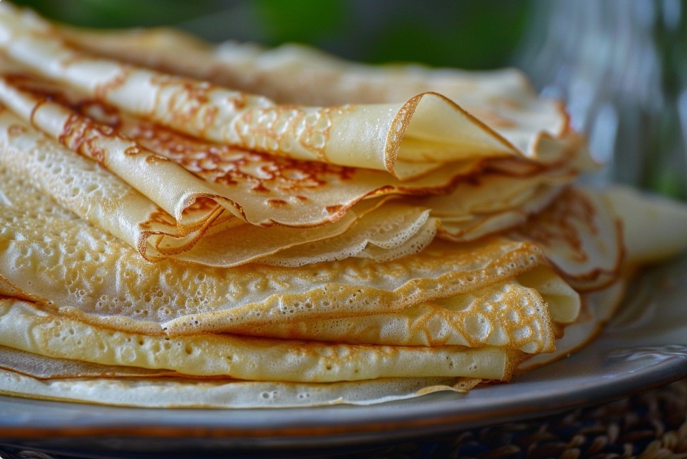 Стопка тонких готових млинців на тарілці крупним планом