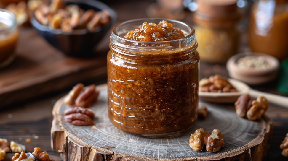 Текстура пасти Амосова з горіхами, курагою, родзинками та медом