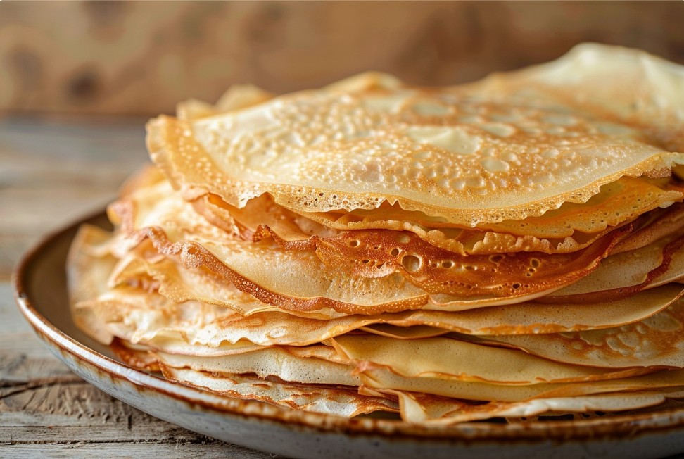 Стопка тонких домашніх млинців на тарілці