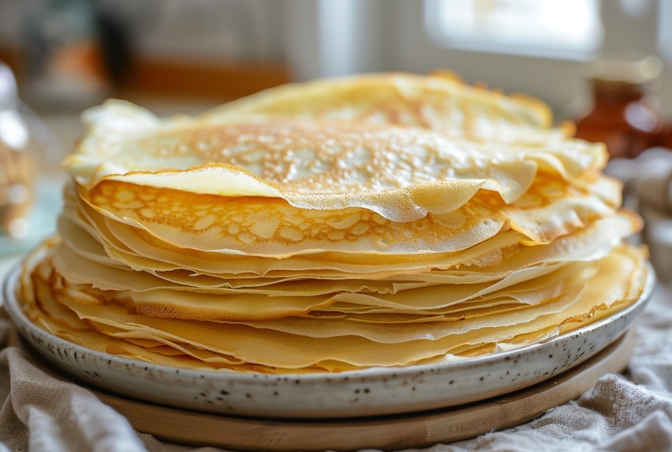 Величезна стопка ідеальних тонких млинців крупним планом