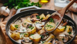 Апетитна картопля з грибами у вершково-сметанному соусі