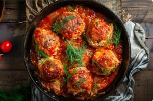 Апетитні ліниві голубці у соусі на сковороді