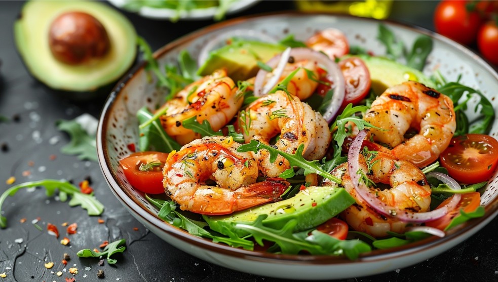 Апетитний салат із обсмаженими креветками, авокадо та руколою на темному фоні