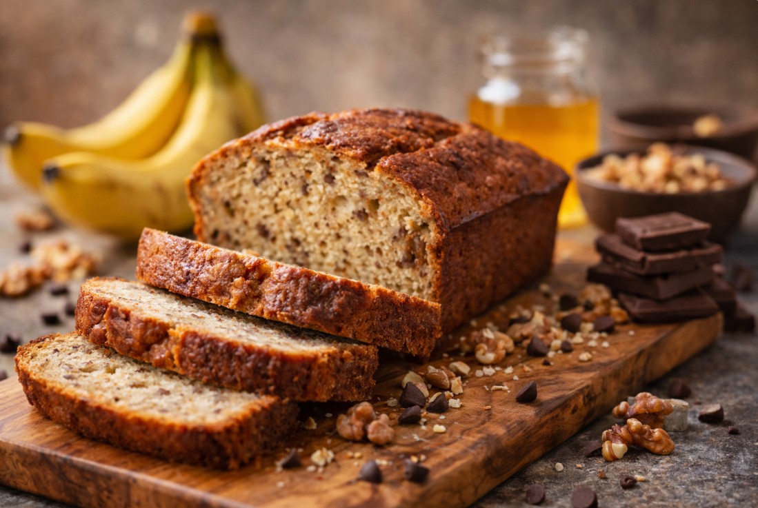 Свіжоспечений банановий хліб зі шматочками на дерев’яній дошці з бананами та горіхами
