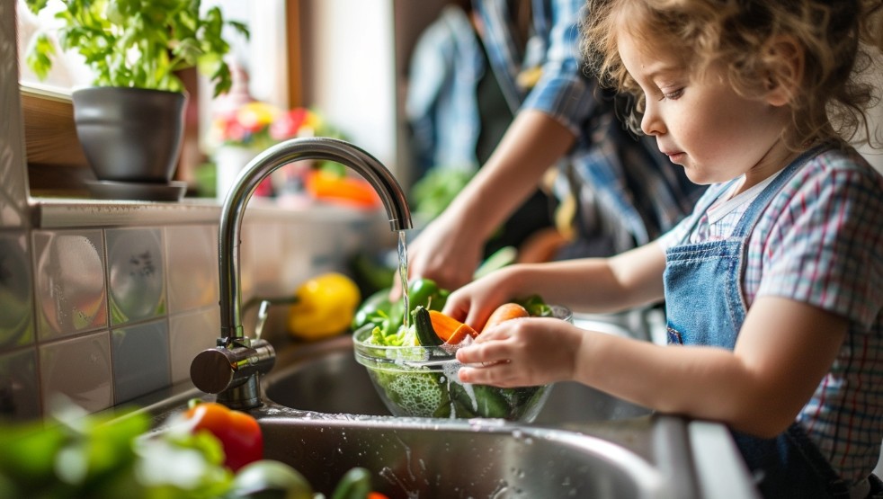 батьки і дитина миють овочі на кухні разом