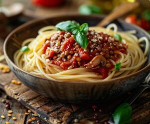 Bolońskie bez mięsa z soczewicą i pieczarkami