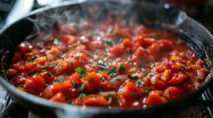 часник та нарізані помідори з зеленню тушкуються