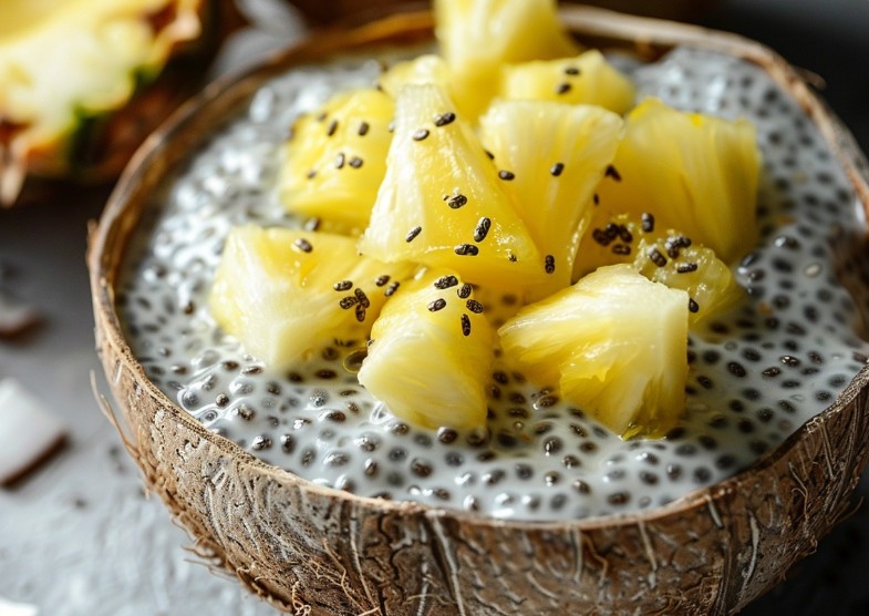 Чіа-пудинг з кокосовим молоком і ананасом крупним планом