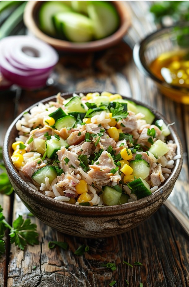 Дієтичний салат з тунцем і рисом без майонезу