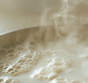 Для крему підігрійте молоко майже до кипіння, орієнтир — пар і перші бульбашки по краю