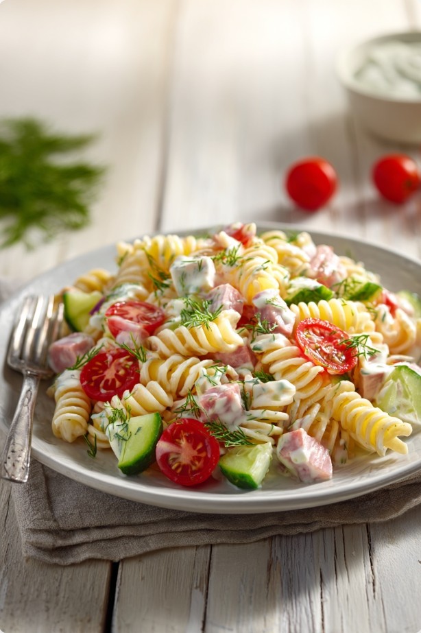 Домашній Nudelsalat з шинкою і йогуртом