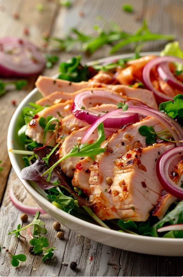 Домашній салат з індичкою та червоною цибулею