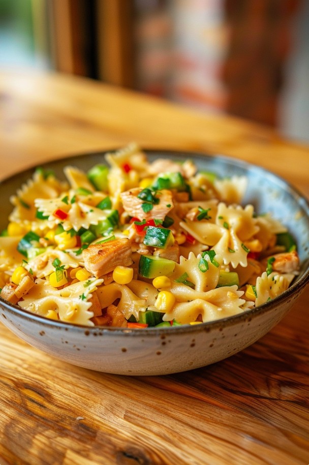 Домашній салат з пастою, куркою і кукурудзою