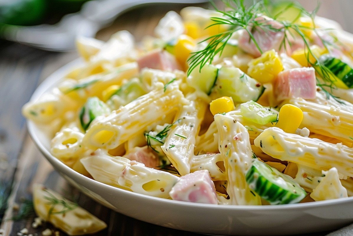 Домашній салат з пастою, шинкою та кукурудзою