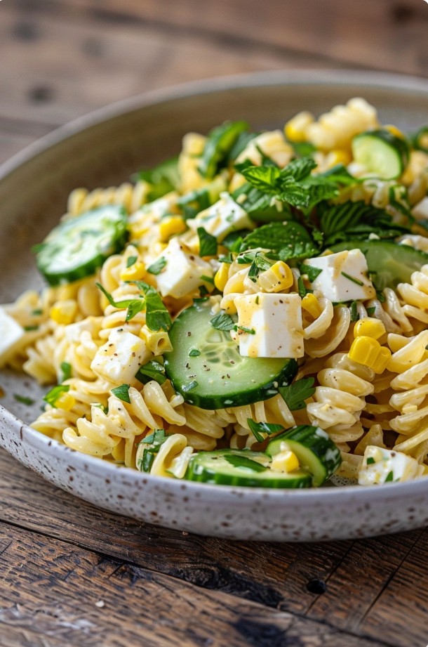 Домашній салат з пастою, сиром та зеленню