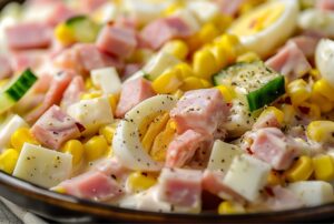 Домашній салат з шинкою, кукурудзою і яйцями