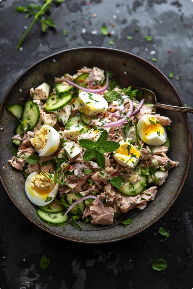 Domowa sałatka z tuńczykiem i ogórkiem z sosem jogurtowo-musztardowym