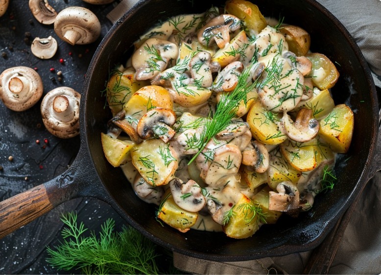 Домашня картопля з грибами у сметані на сковороді